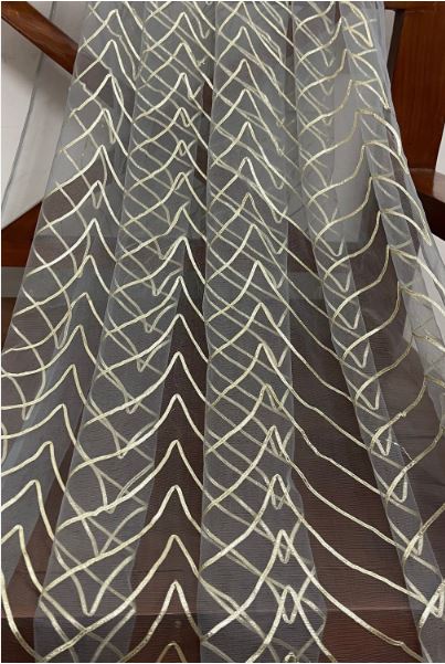 Gray Gota Patti Tulle Net Indian Fabric, Bridal Wedding Dress Fabric, Multiple lengths will come in the continuous piece - NF1027