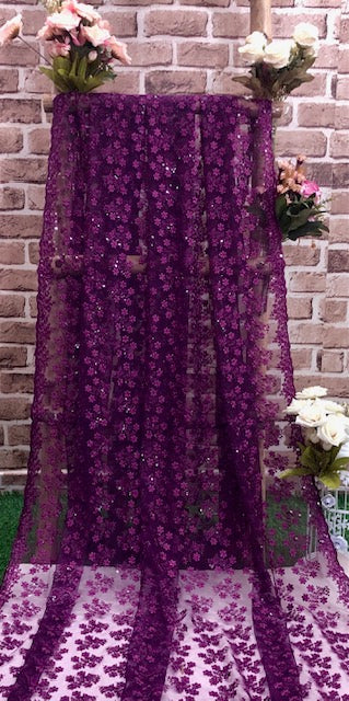 Purple Embroidered Net, Tulle Fabric, Bridal Wedding Mesh Fabric, Multiple lengths will come in the continuous piece - NF1060