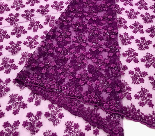 Purple Embroidered Net, Tulle Fabric, Bridal Wedding Mesh Fabric, Multiple lengths will come in the continuous piece - NF1060