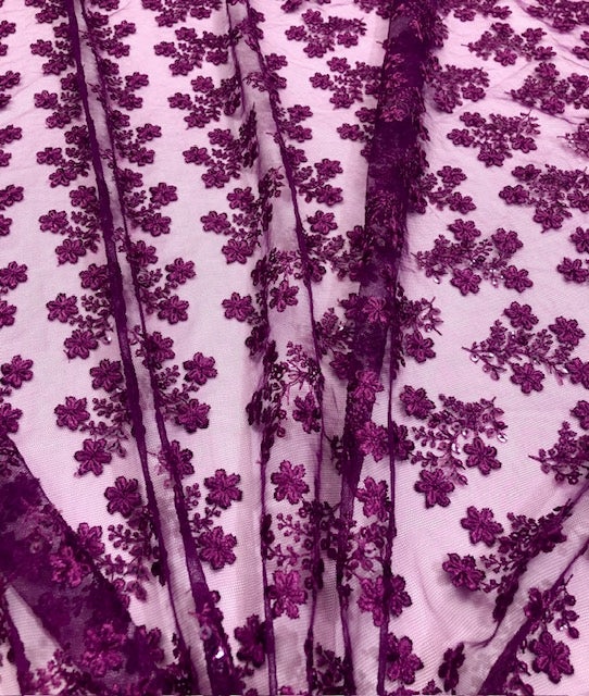 Purple Embroidered Net, Tulle Fabric, Bridal Wedding Mesh Fabric, Multiple lengths will come in the continuous piece - NF1060