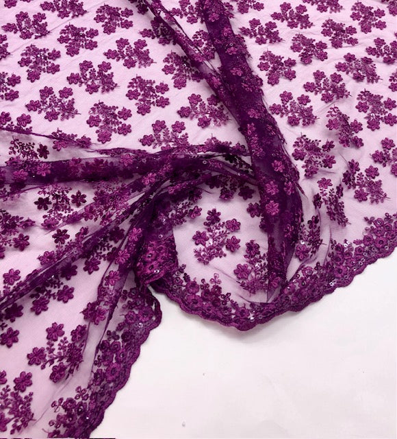 Purple Embroidered Net, Tulle Fabric, Bridal Wedding Mesh Fabric, Multiple lengths will come in the continuous piece - NF1060