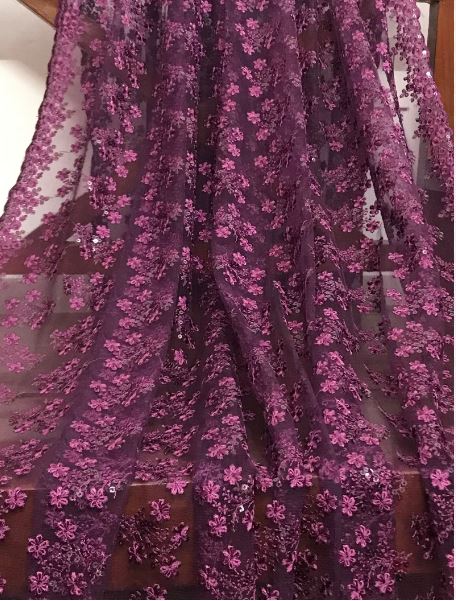 Purple Embroidered Net, Tulle Fabric, Bridal Wedding Mesh Fabric, Multiple lengths will come in the continuous piece - NF1060