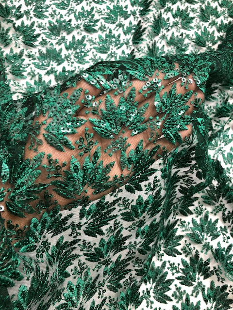 Green Embroidered Net, Tulle Fabric, Bridal Wedding Fabric, Mesh Fabric, Multiple lengths will come in the continuous piece - NF1061