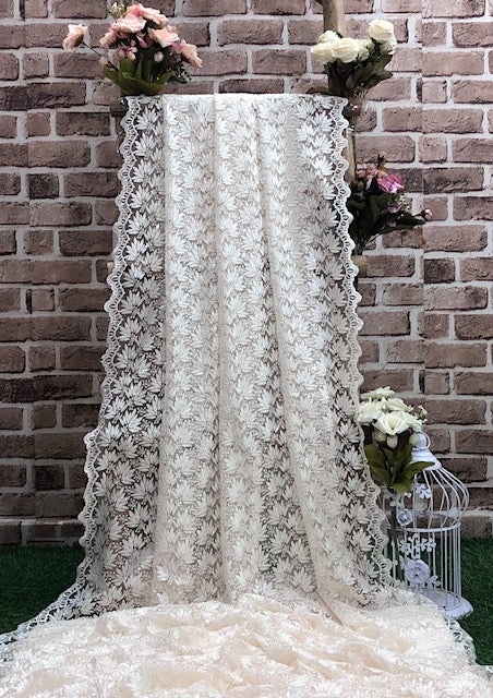 Indian Embroidered Tulle Net Fabric in Off White color, Multiple lengths will come in the continuous piece - NF1063