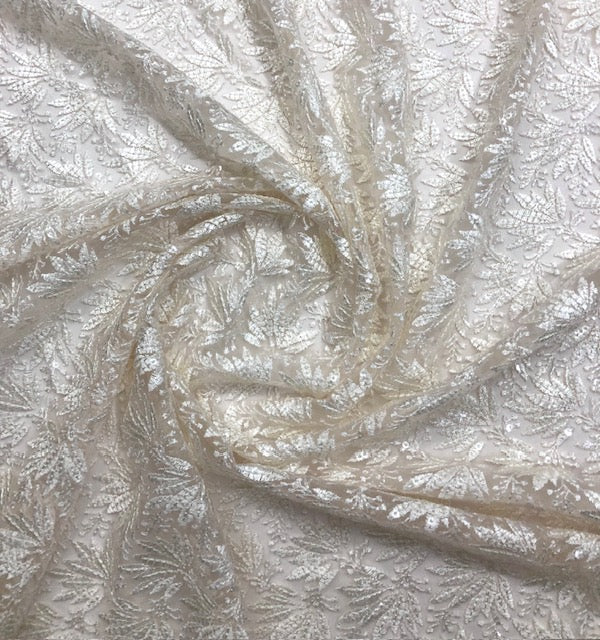 Indian Embroidered Tulle Net Fabric in Off White color, Multiple lengths will come in the continuous piece - NF1063