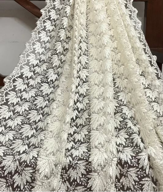 Indian Embroidered Tulle Net Fabric in Off White color, Multiple lengths will come in the continuous piece - NF1063