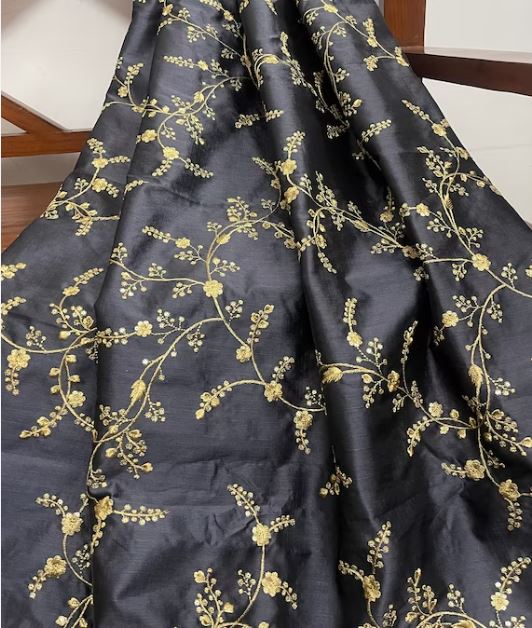 Embroidered fabric, Grey and gold wedding dress fabric, Indian fabric, Bridesmaid dress, Luxury fabric, Thread embroidery, Gold fabric - NFAF106