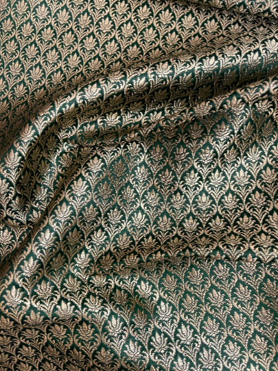 Indian Banarasi Brocade Fabric in Green and Gold color, Multiple lengths will come in the continuous piece - NF1082