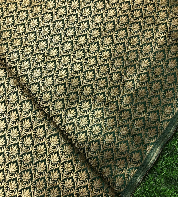 Indian Banarasi Brocade Fabric in Green and Gold color, Multiple lengths will come in the continuous piece - NF1082