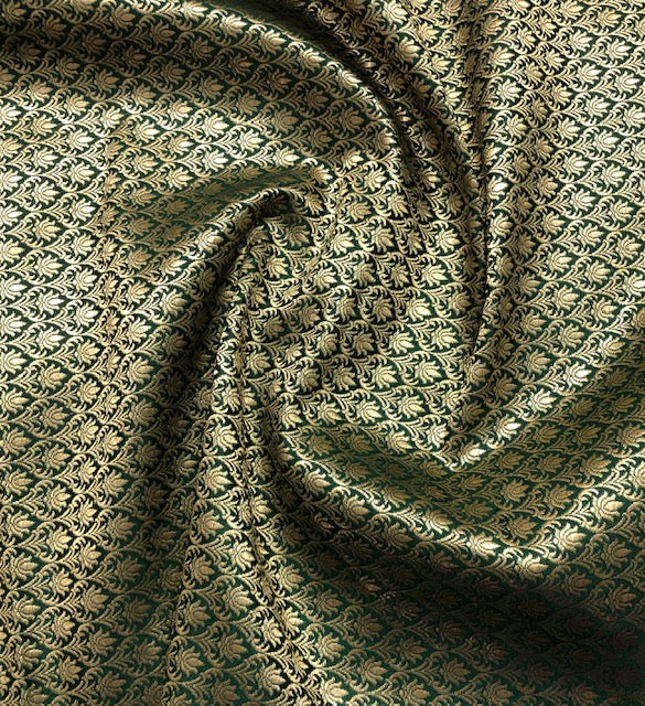 Indian Banarasi Brocade Fabric in Green and Gold color, Multiple lengths will come in the continuous piece - NF1082