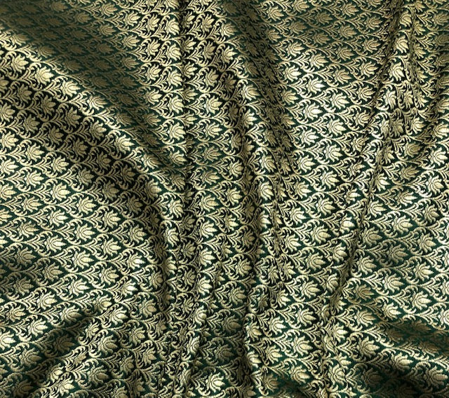 Indian Banarasi Brocade Fabric in Green and Gold color, Multiple lengths will come in the continuous piece - NF1082