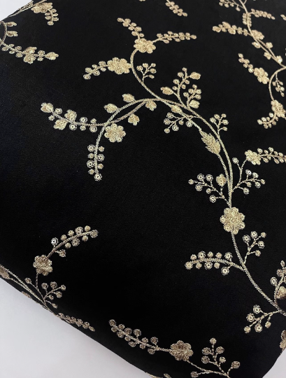 Indian Embroidered Fabric in Black and silver Gold Color, Multiple lengths will come in the continuous piece - NF1086