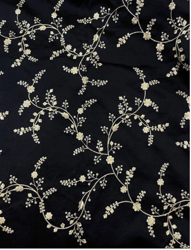 Indian Embroidered Fabric in Black and silver Gold Color, Multiple lengths will come in the continuous piece - NF1086