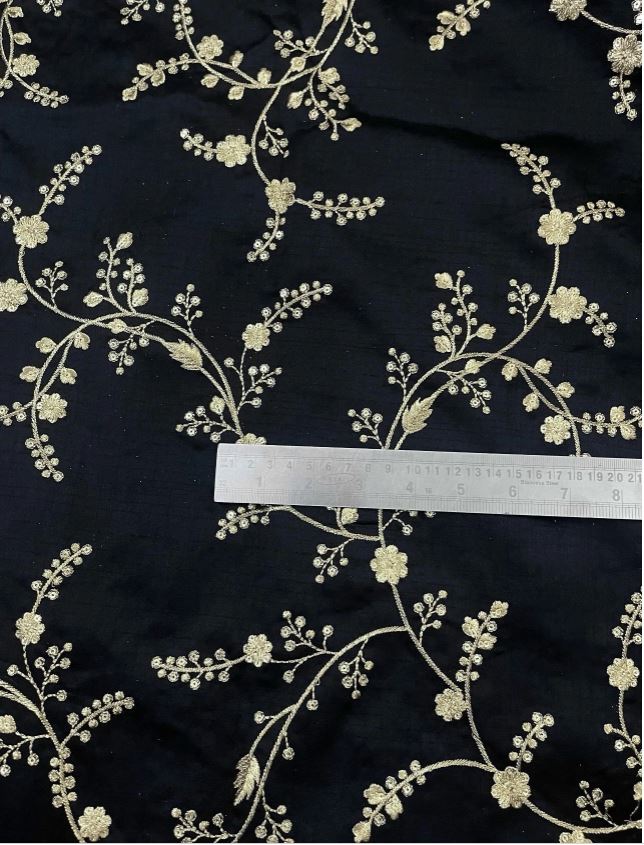 Indian Embroidered Fabric in Black and silver Gold Color, Multiple lengths will come in the continuous piece - NF1086