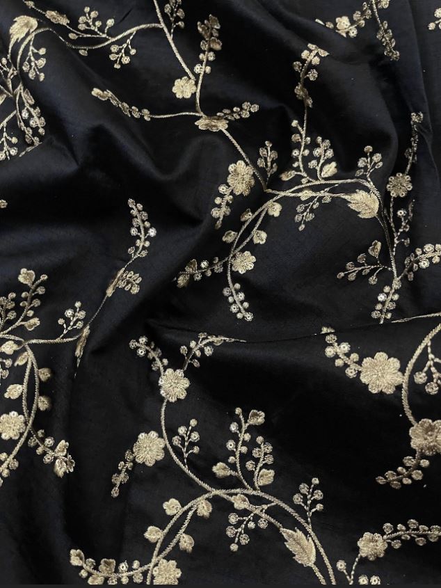 Indian Embroidered Fabric in Black and silver Gold Color, Multiple lengths will come in the continuous piece - NF1086