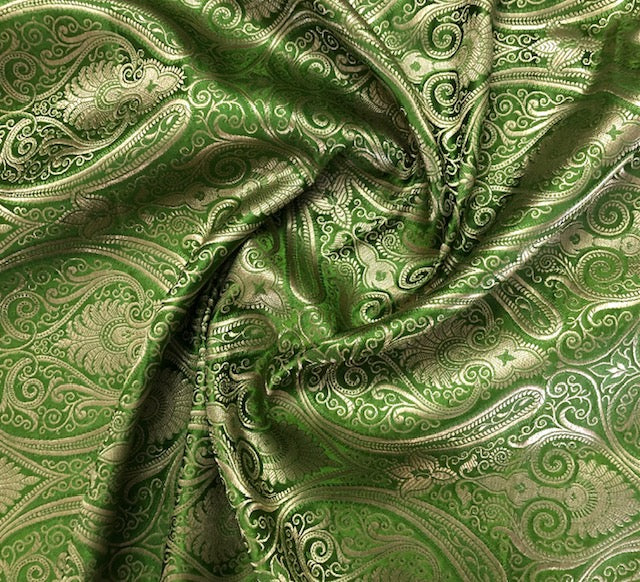 Indian Banarasi Brocade fabric in Green and gold color,  Multiple lengths will come in the continuous piece  - NF1088