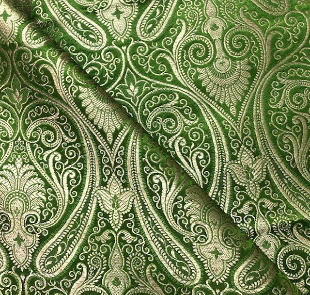 Indian Banarasi Brocade fabric in Green and gold color,  Multiple lengths will come in the continuous piece  - NF1088