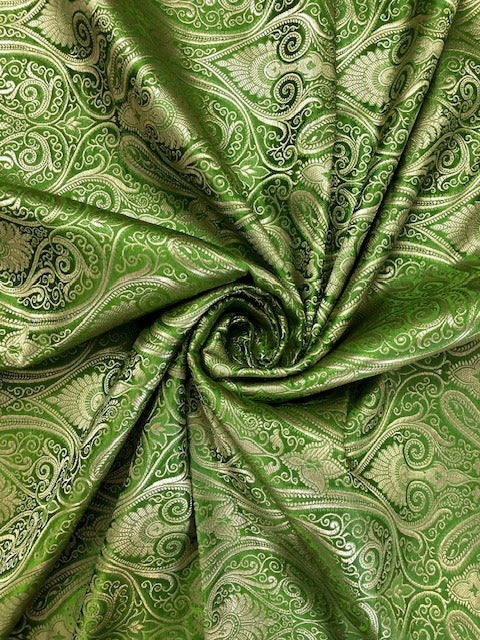 Indian Banarasi Brocade fabric in Green and gold color,  Multiple lengths will come in the continuous piece  - NF1088