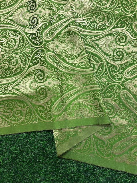 Indian Banarasi Brocade fabric in Green and gold color,  Multiple lengths will come in the continuous piece  - NF1088