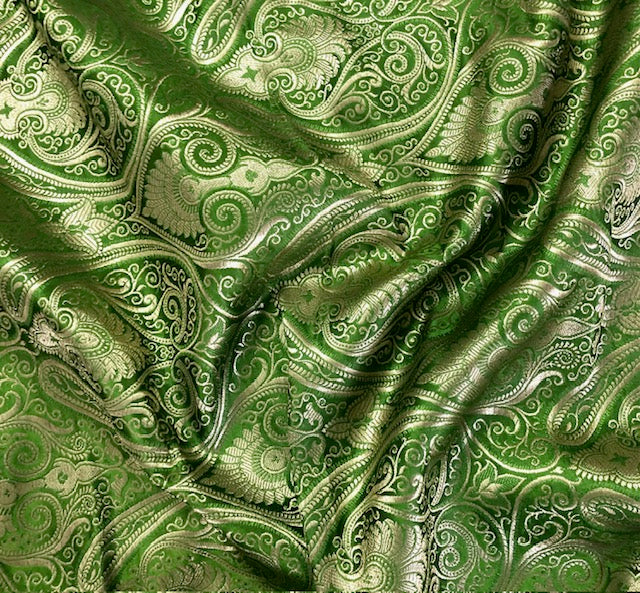 Indian Banarasi Brocade fabric in Green and gold color,  Multiple lengths will come in the continuous piece  - NF1088