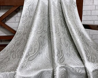 Indian Banarasi Brocade fabric in White and Silver color,  Multiple lengths will come in a continuous piece - NF1090