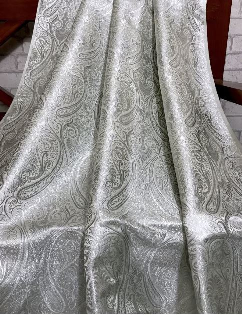 Indian Banarasi Brocade fabric in White and Silver color,  Multiple lengths will come in a continuous piece - NF1090