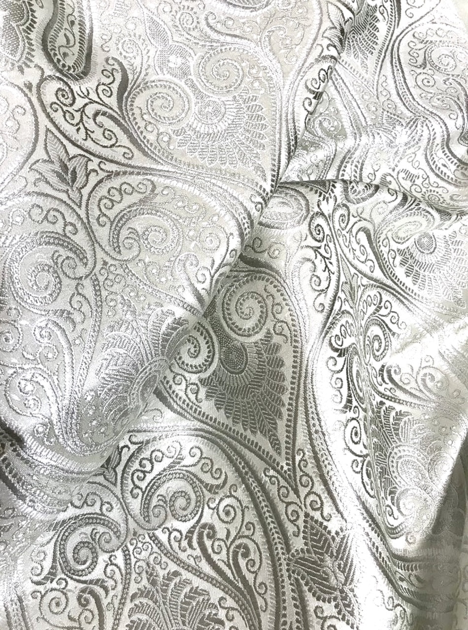 Brocade fabric White Silver brocade Jacquard Damask fabric Bridal Dress Fabric Theatre costume Indian Brocade Fabric by the yard - NFAF1090