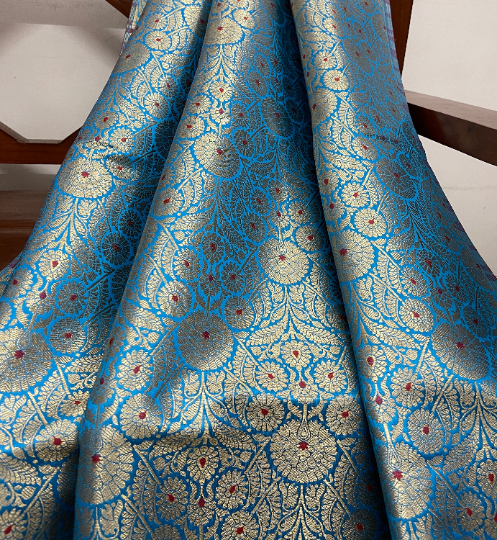 Indian Banarasi Brocade Fabric in Blue and Gold Color, Multiple lengths will come in the continuous piece - NF1091