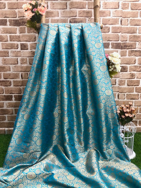 Indian Banarasi Brocade Fabric in Blue and Gold Color, Multiple lengths will come in the continuous piece - NF1091