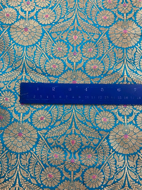 Indian Banarasi Brocade Fabric in Blue and Gold Color, Multiple lengths will come in the continuous piece - NF1091