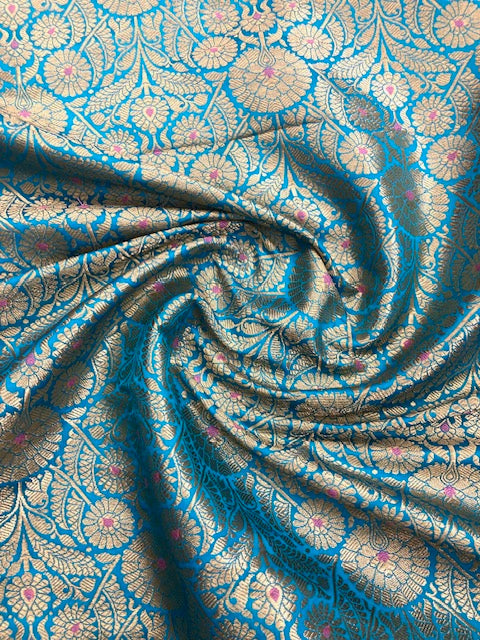 Indian Banarasi Brocade Fabric in Blue and Gold Color, Multiple lengths will come in the continuous piece - NF1091