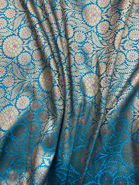 Indian Banarasi Brocade Fabric in Blue and Gold Color, Multiple lengths will come in the continuous piece - NF1091