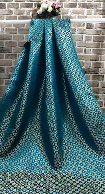 Indian Banarasi Brocade fabric in Turquoise and Gold color, Multiple lengths will come in the continuous piece - NF1092