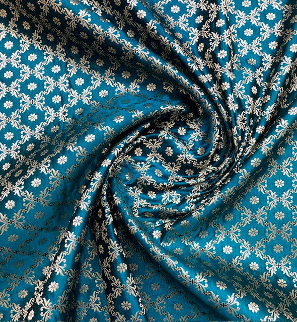 Indian Banarasi Brocade fabric in Turquoise and Gold color, Multiple lengths will come in the continuous piece - NF1092