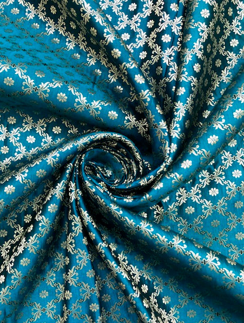 Indian Banarasi Brocade fabric in Turquoise and Gold color, Multiple lengths will come in the continuous piece - NF1092