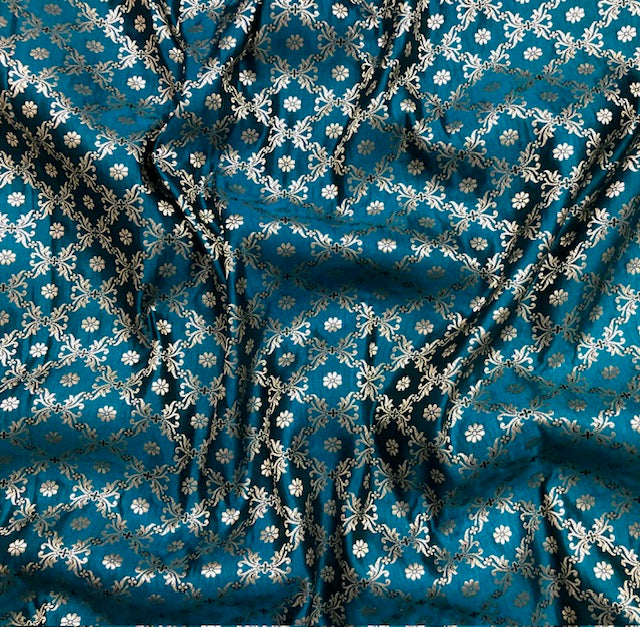 Indian Banarasi Brocade fabric in Turquoise and Gold color, Multiple lengths will come in the continuous piece - NF1092