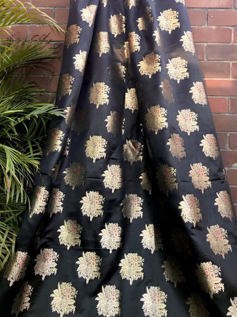 Banarasi Brocade fabric in Black & Gold color, Multiple lengths will come in the continuous piece - NF1097