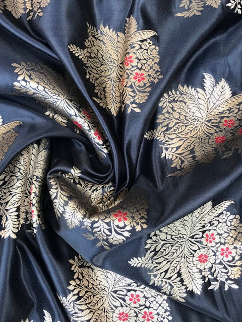 Banarasi Brocade fabric in Black & Gold color, Multiple lengths will come in the continuous piece - NF1097