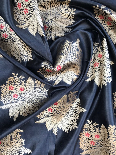 Banarasi Brocade fabric in Black & Gold color, Multiple lengths will come in the continuous piece - NF1097