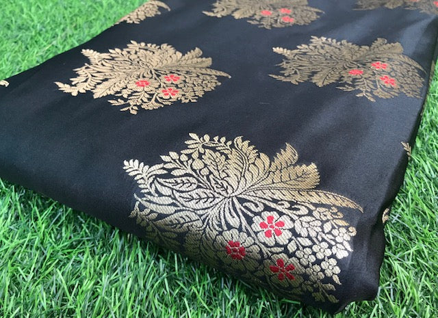 Banarasi Brocade fabric in Black & Gold color, Multiple lengths will come in the continuous piece - NF1097