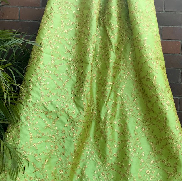 Lime Green & Gold Embroidered Fabric, Gown Fabric, Bridal Wedding Dress Fabric, Multiple yardage will come in one piece - NF1099