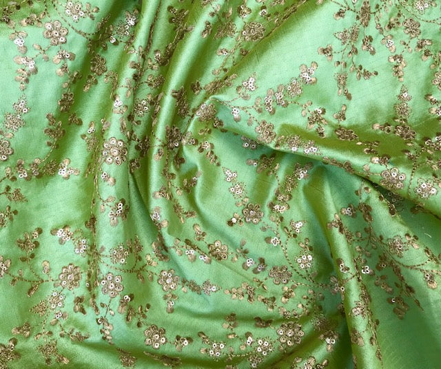 Lime Green & Gold Embroidered Fabric, Gown Fabric, Bridal Wedding Dress Fabric, Multiple yardage will come in one piece - NF1099