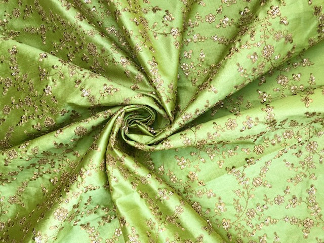 Lime Green & Gold Embroidered Fabric, Gown Fabric, Bridal Wedding Dress Fabric, Multiple yardage will come in one piece - NF1099