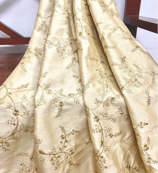 Indian Embroidered Fabric in Beige and Gold color, Multiple lengths will come in the continuous piece - NFAF113