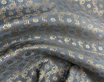 Indian Banarsi Brocade fabric in Gray and Gold color,  Multiple lengths will come in a continuous piece - NF120