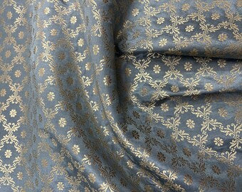 Indian Banarsi Brocade fabric in Gray and Gold color,  Multiple lengths will come in a continuous piece - NF120