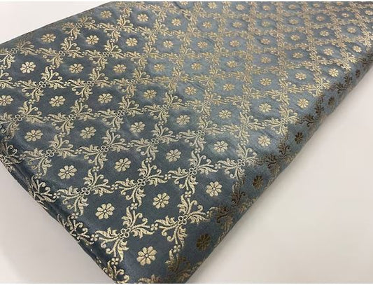 Indian Banarsi Brocade fabric in Gray and Gold color,  Multiple lengths will come in a continuous piece - NF120