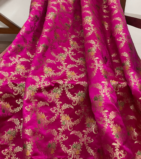 Indian Banarasi Brocade fabric in Pink and Gold color, Multiple lengths will come in the continuous piece - NF121