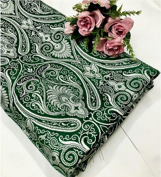Banarasi brocade fabric, Green & silver Paisley brocade fabric, Home décor fabric, Theatre costume, Wedding dress, Jacquard fabric, Fabric by the yard/meter - NFAF132