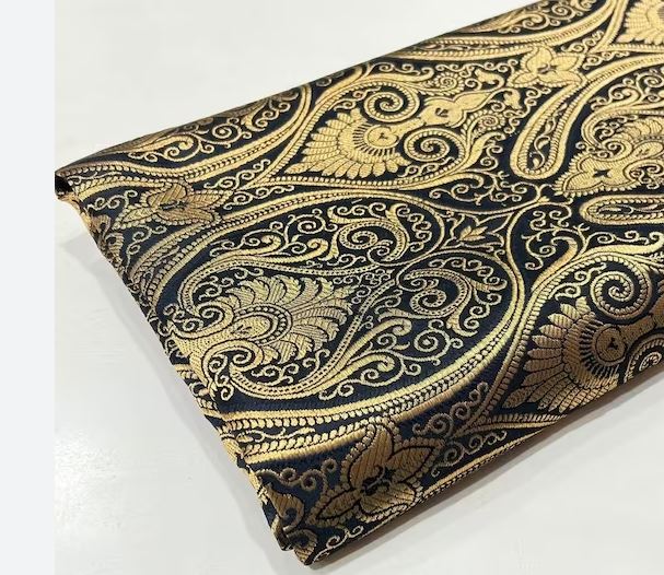 Indian Banarasi Brocade Fabric in Black and Gold color Multiple lengths will come in the continuous piece - NF144